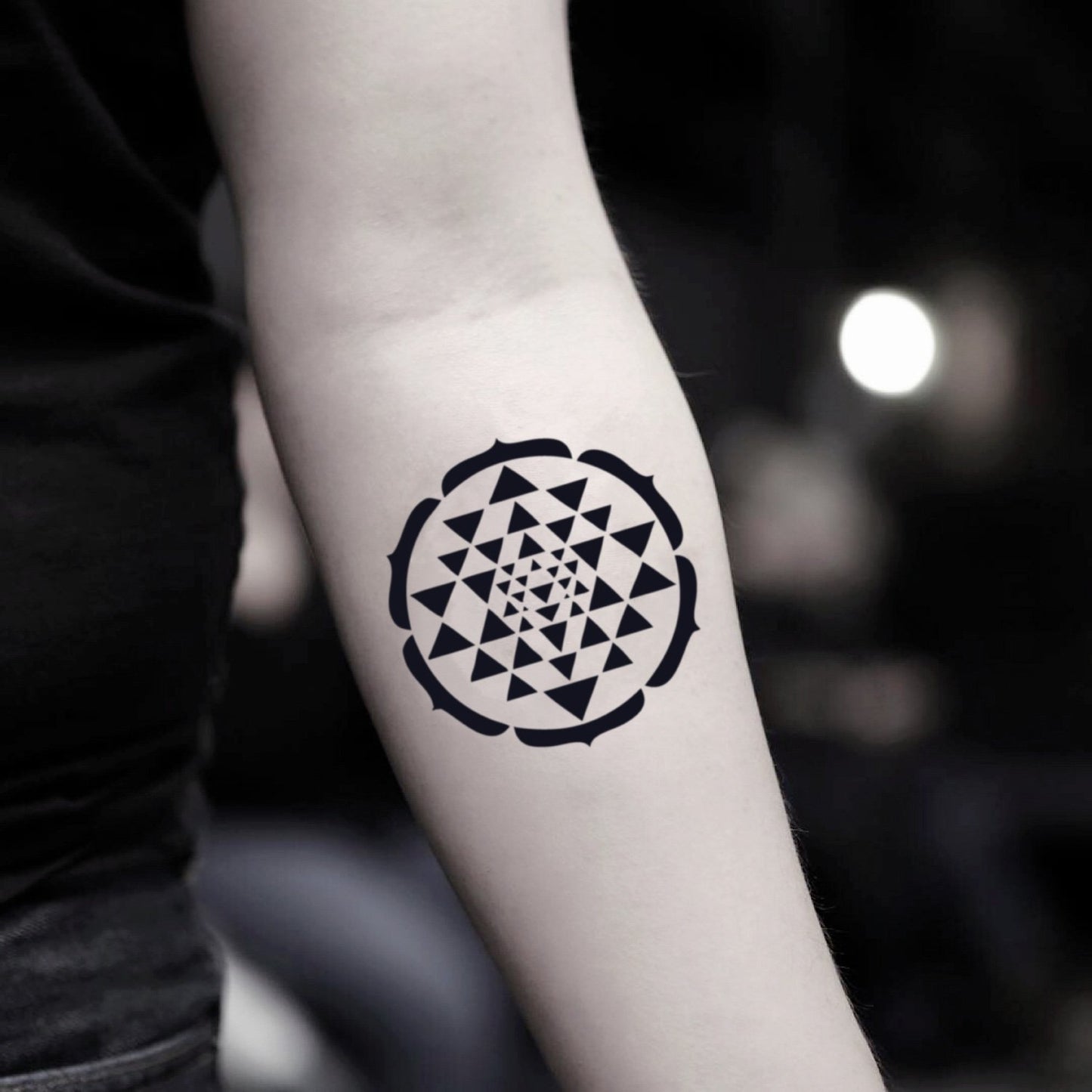 fake small sri yantra geometric temporary tattoo sticker design idea on inner arm