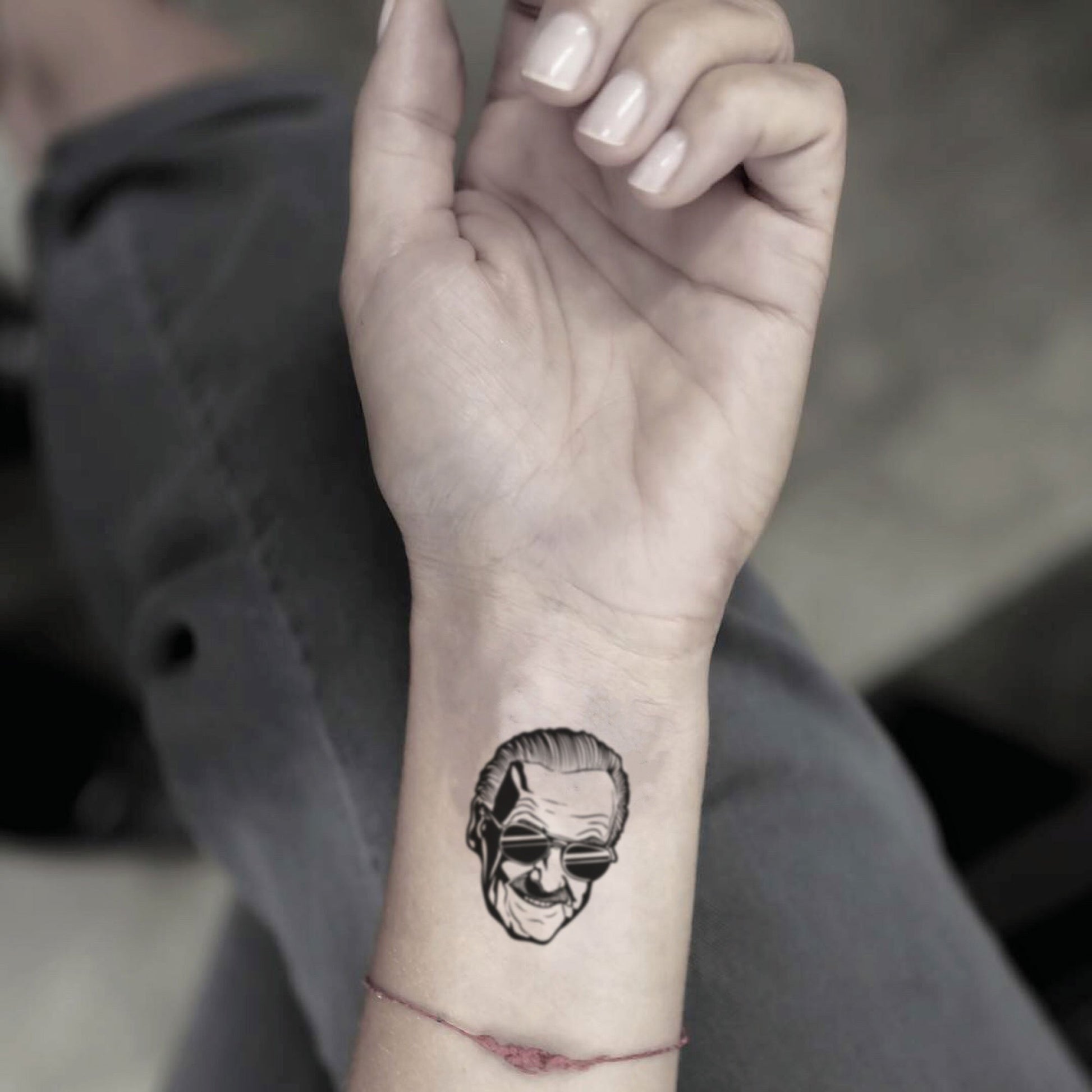 fake small stan lee portrait temporary tattoo sticker design idea on wrist