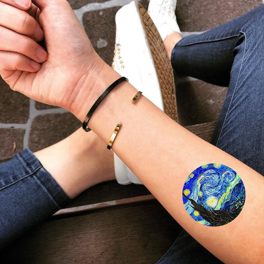 fake small vincent van gogh starry night sky canvas gallery monet fine art history color temporary tattoo sticker design idea on forearm