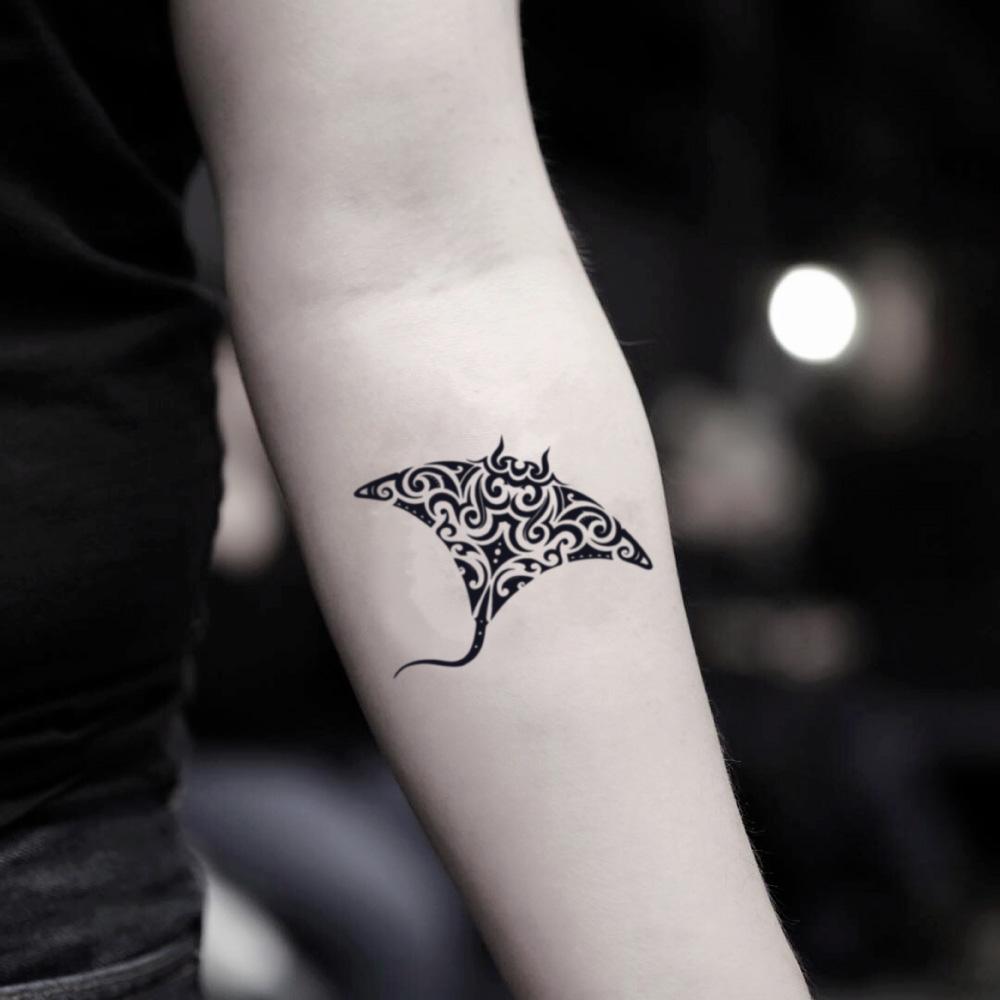 fake small stingray manta ray tribal animal temporary tattoo sticker design idea on inner arm