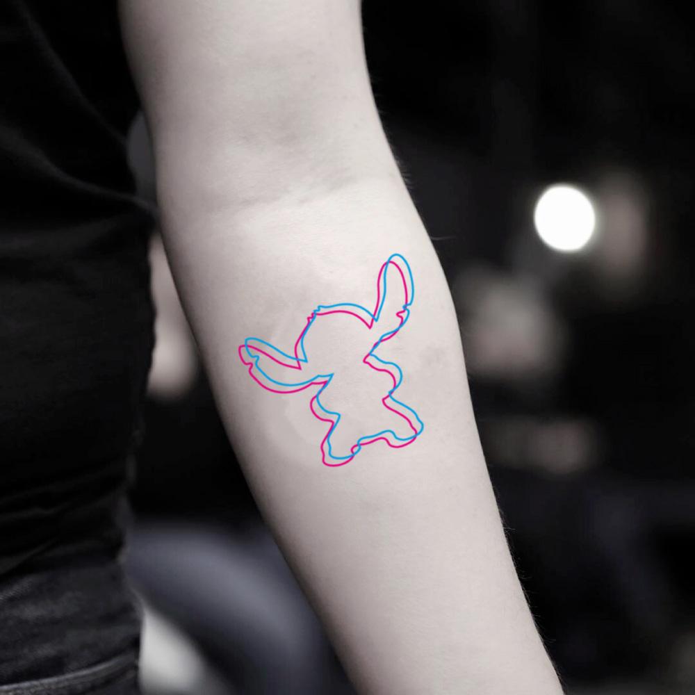 fake small lilo stitch anaglyph illusion outline cartoon color temporary tattoo sticker design idea on inner arm