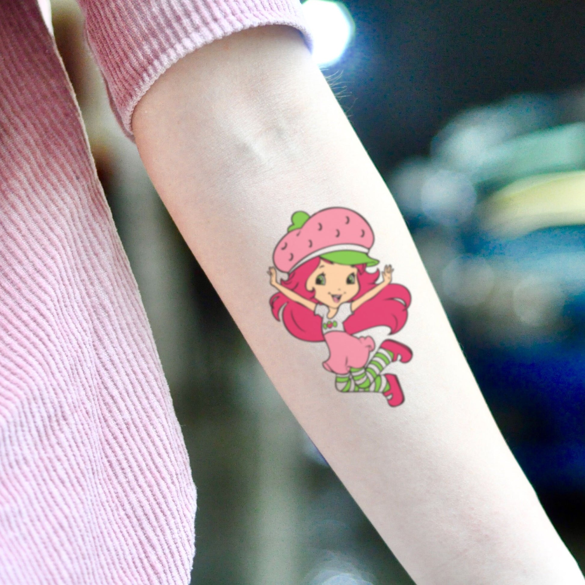 fake small strawberry shortcake cartoon temporary tattoo sticker design idea on inner arm