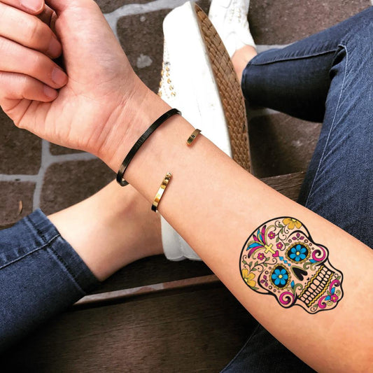 fake small sugar candy skull mexican flower new school skool grime calaveras color temporary tattoo sticker design idea on forearm