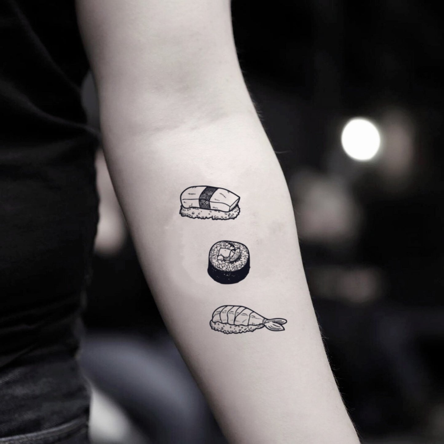 fake small sushi food temporary tattoo sticker design idea on inner arm
