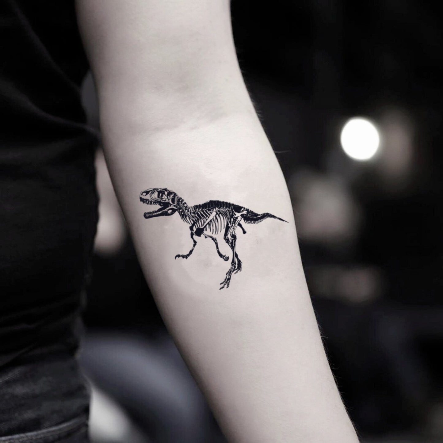 fake small t rex raptor velociraptor dinosaur animal temporary tattoo sticker design idea on inner arm