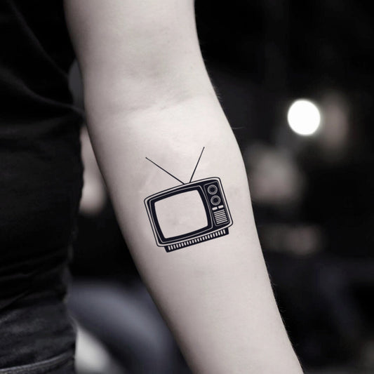 fake small tv vintage temporary tattoo sticker design idea on inner arm