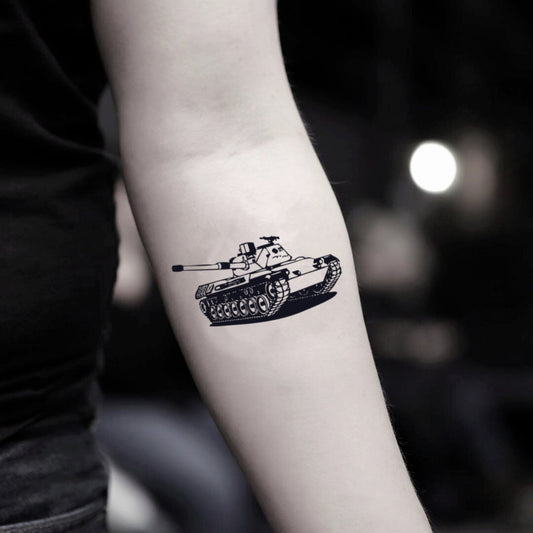 fake small tank illustrative temporary tattoo sticker design idea on inner arm