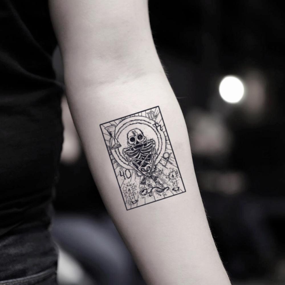 fake small death tarot loteria card illustrative temporary tattoo sticker design idea on inner arm