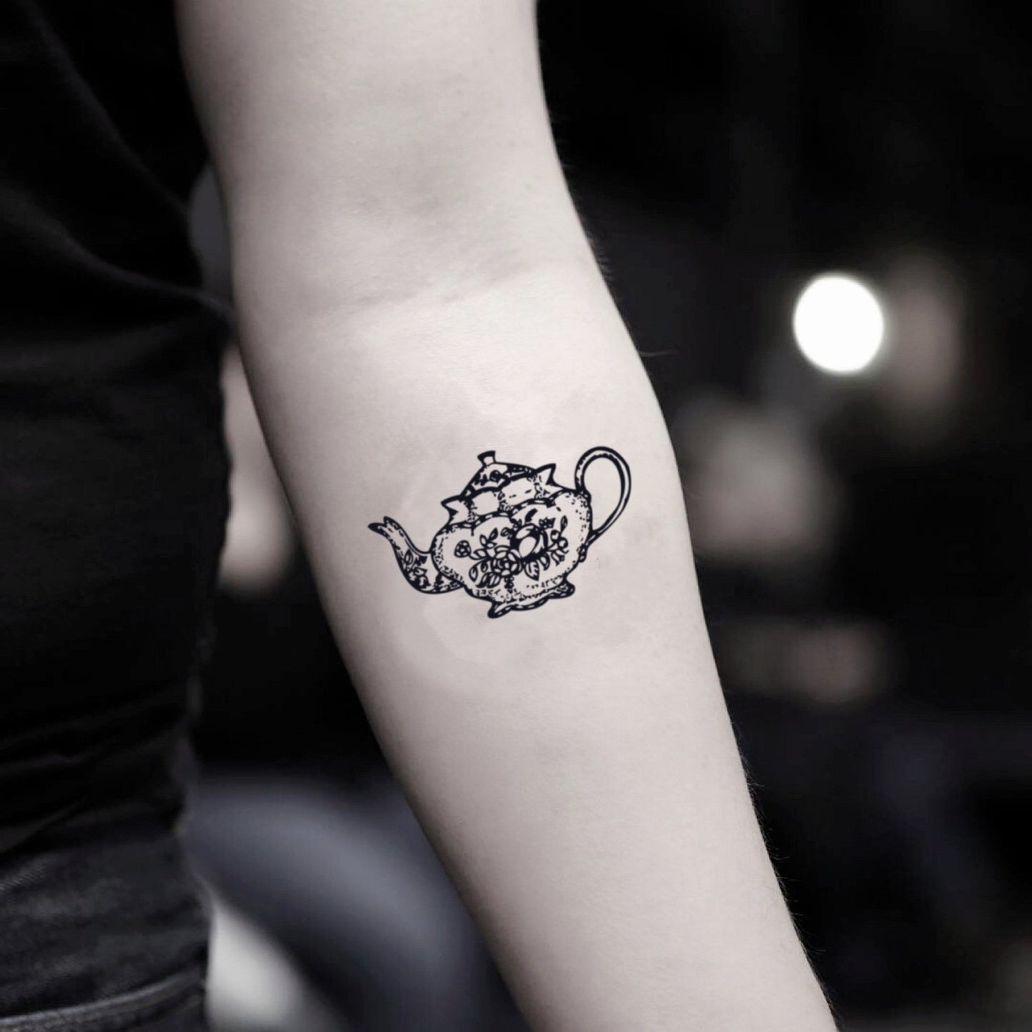 fake small teapot vintage temporary tattoo sticker design idea on inner arm