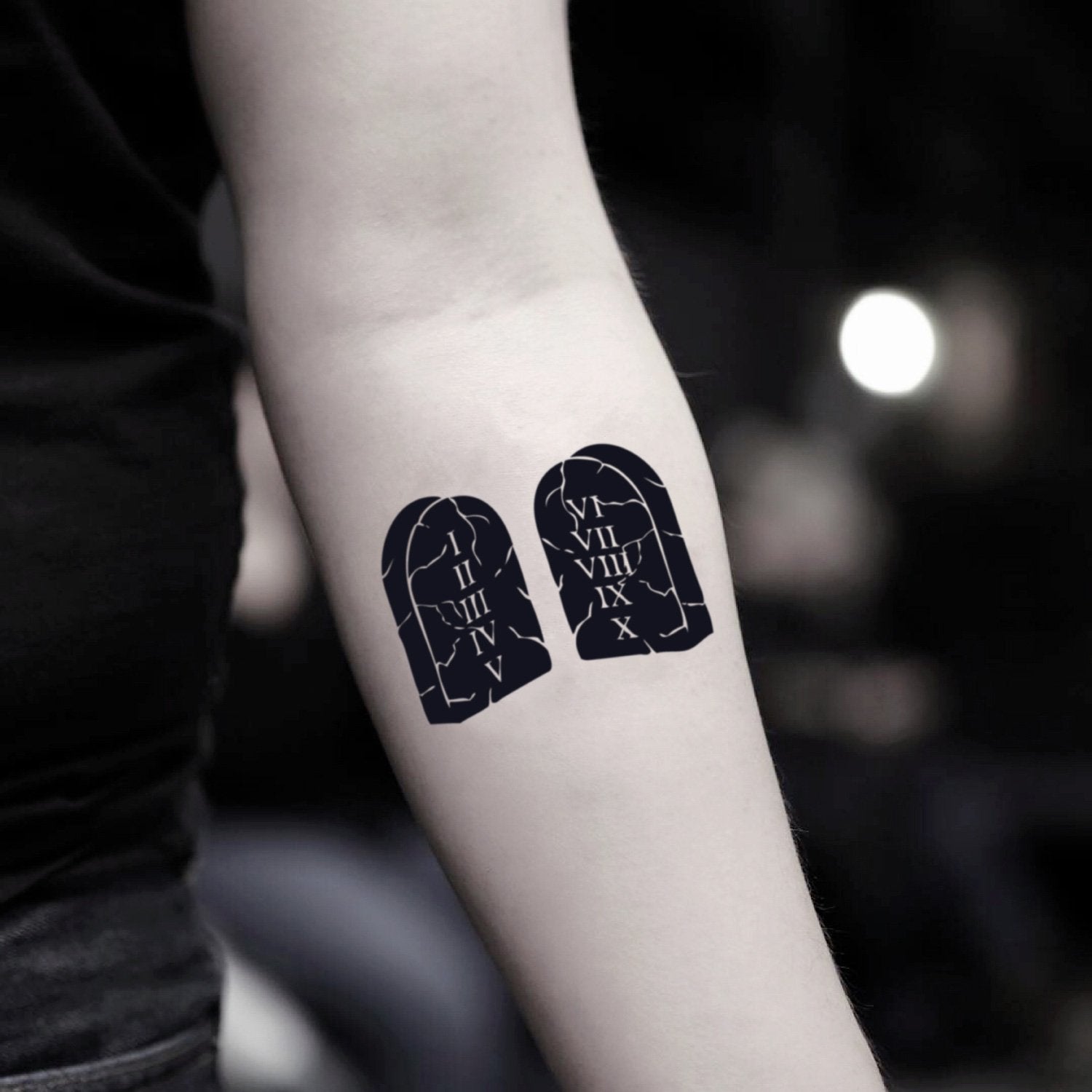 fake small ten commandments illustrative temporary tattoo sticker design idea on inner arm