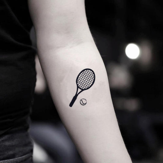 fake small tennis illustrative temporary tattoo sticker design idea on inner arm