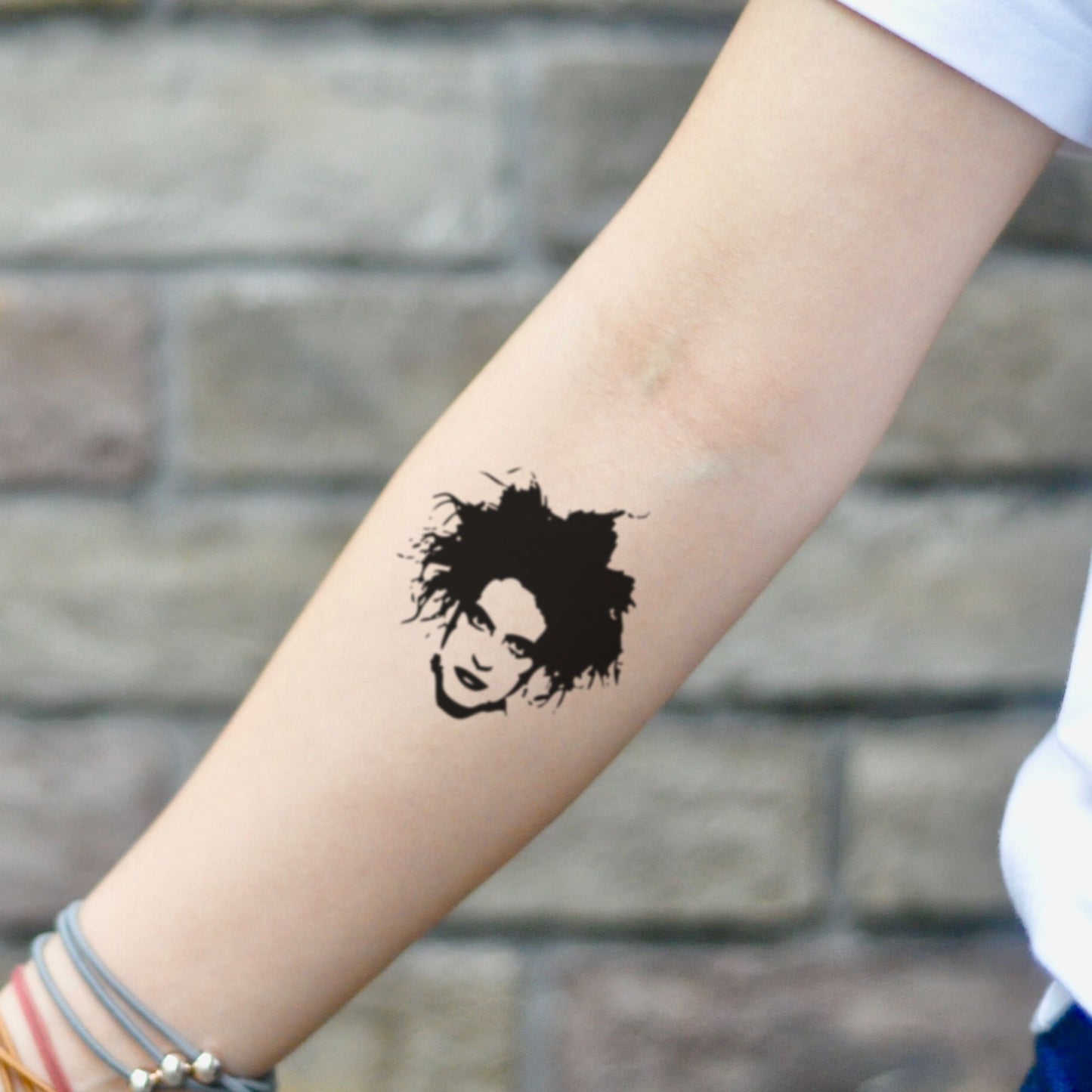 fake small the cure robert smith portrait temporary tattoo sticker design idea on inner arm