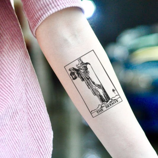 fake small the hermit woodcut tarot card illustrative temporary tattoo sticker design idea on inner arm