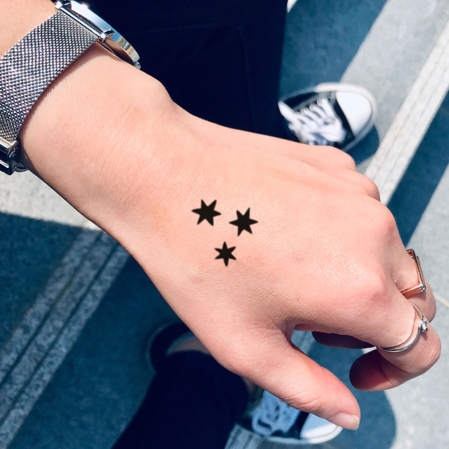 fake small three star simple outline thumb minimalist temporary tattoo sticker design idea on hand