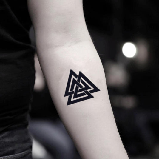 fake small three triangles valknut geometric simple male simplicity simplistic temporary tattoo sticker design idea on inner arm for men