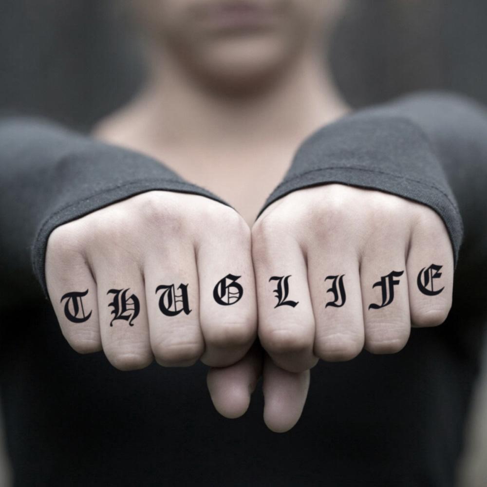 fake small thug life men gangster hand lettering temporary tattoo sticker design idea on finger