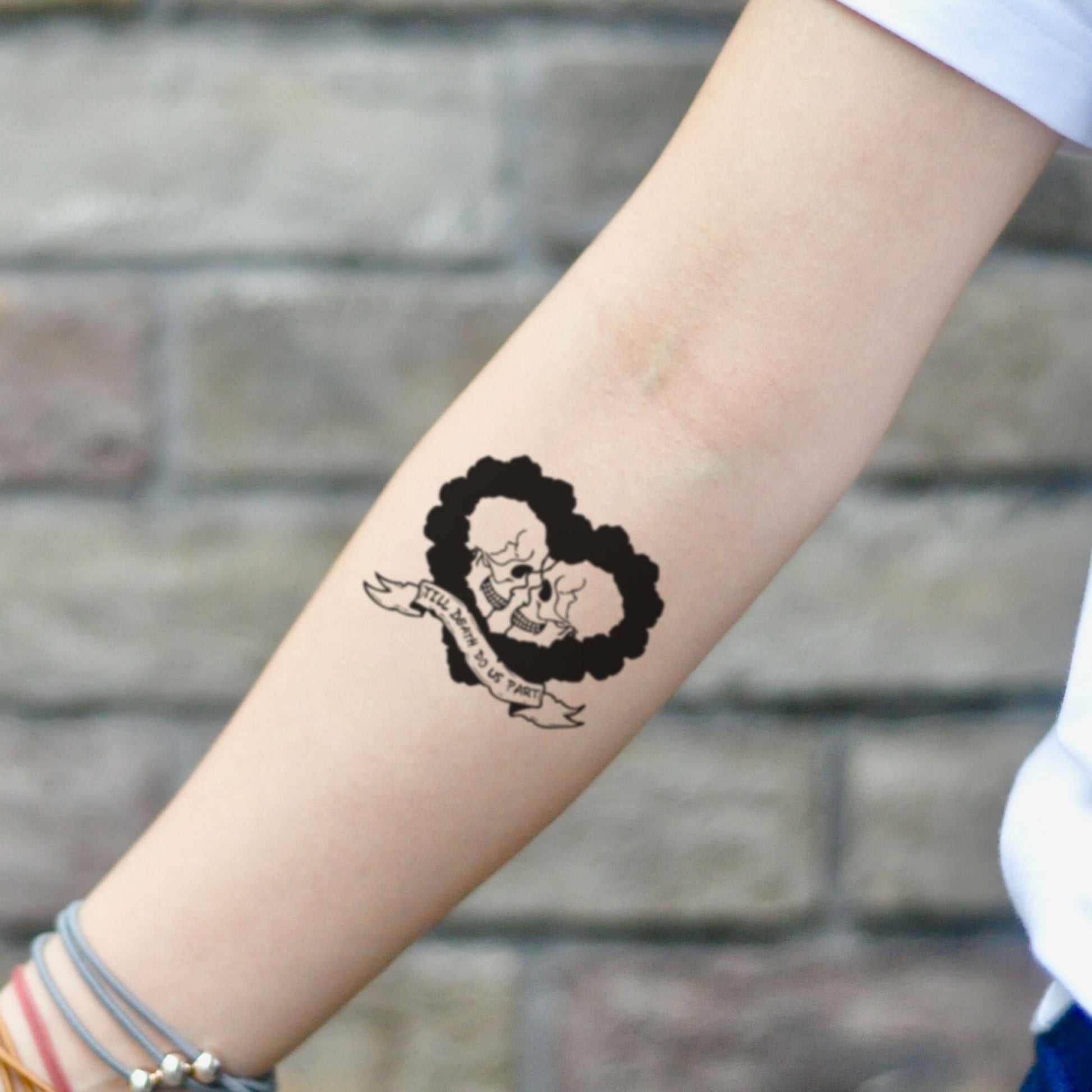 fake small til death do us part sugar skull skeleton love illustrative temporary tattoo sticker design idea on inner arm