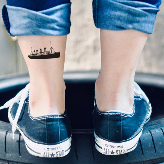 fake small titanic ship iron clad ironclad illustration temporary tattoo sticker design idea on leg ankle