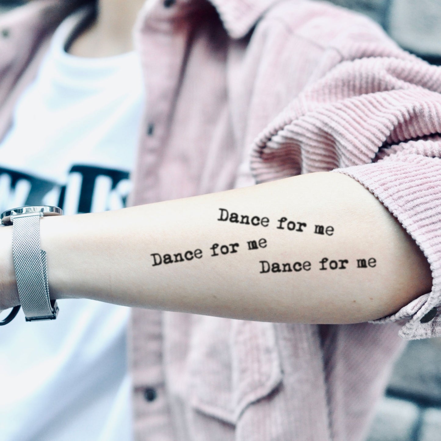fake small tones and i dance monkey lyrics lettering temporary tattoo sticker design idea on arm