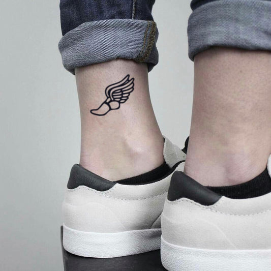 fake small track and field hermes winged runner foot minimalist temporary tattoo sticker design idea on ankle