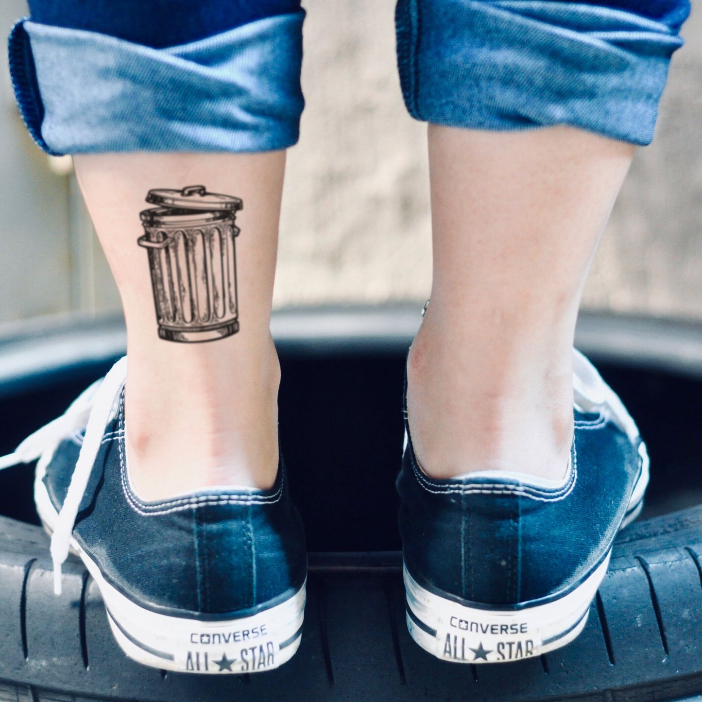 fake small trash can trashy rubbish bin minimalist temporary tattoo sticker design idea on ankle