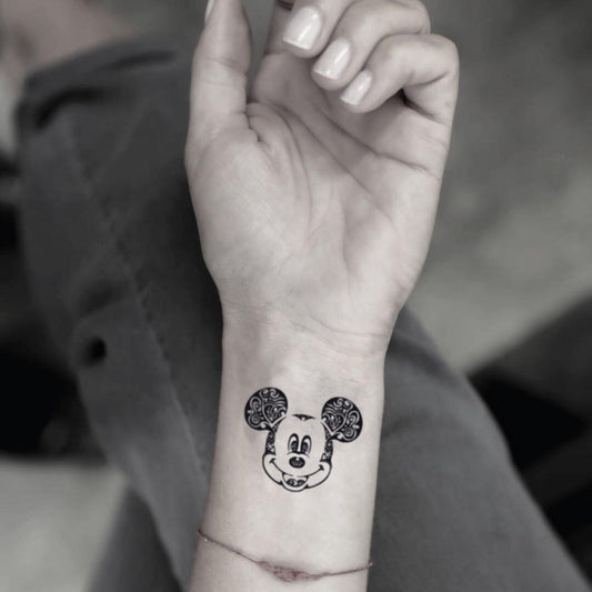 fake small tribal 1928 mickey mouse cartoon temporary tattoo sticker design idea on wrist