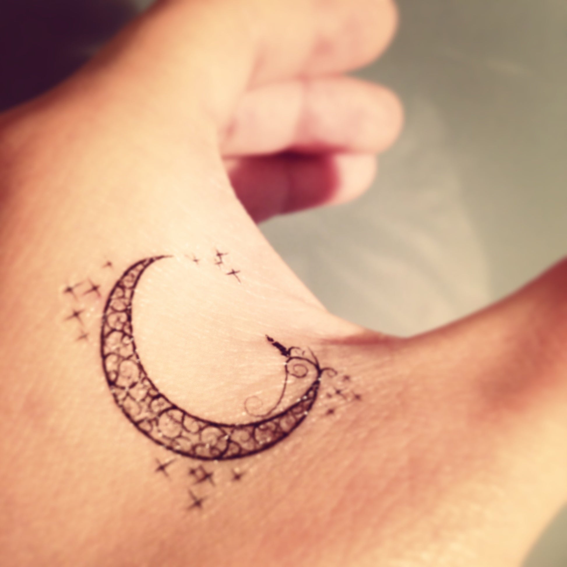 fake small tribal night moon nature bohemian temporary tattoo sticker design idea on wrist