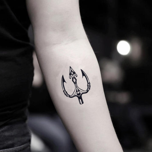 fake small poseidon trident trishul pitchfork lord shiva minimalist temporary tattoo sticker design idea on inner arm