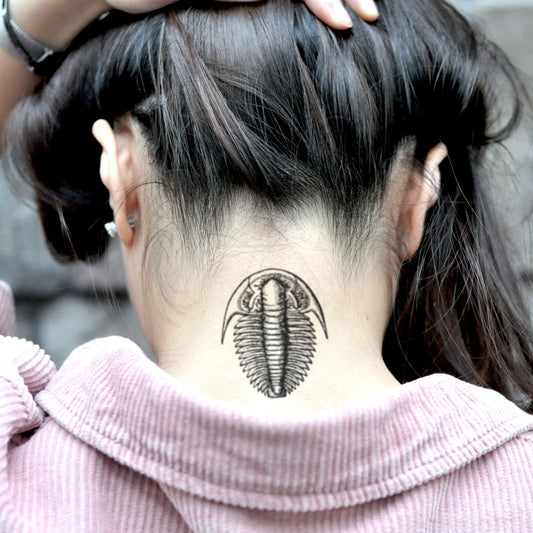 fake small trilobite simple animal temporary tattoo sticker design idea on neck