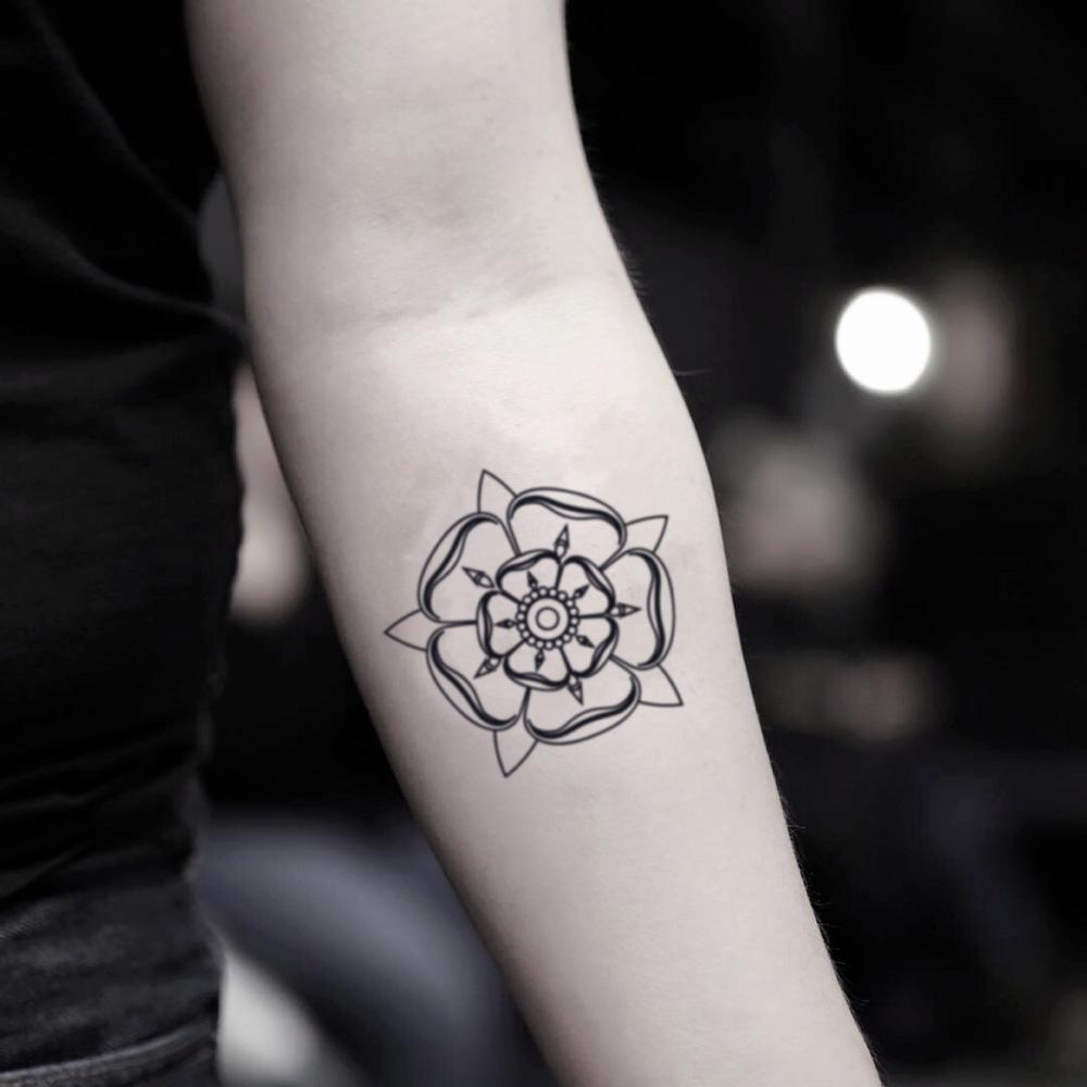 fake small tudor rose flower temporary tattoo sticker design idea on inner arm
