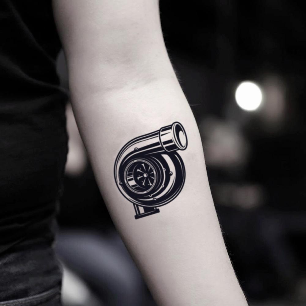 fake small turbo automotive car diesel mechanic enthusiast illustrative temporary tattoo sticker design idea on inner arm