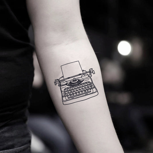 fake small typewriter vintage temporary tattoo sticker design idea on inner arm