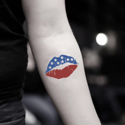 fake small usa flag lip color temporary tattoo sticker design idea on inner arm