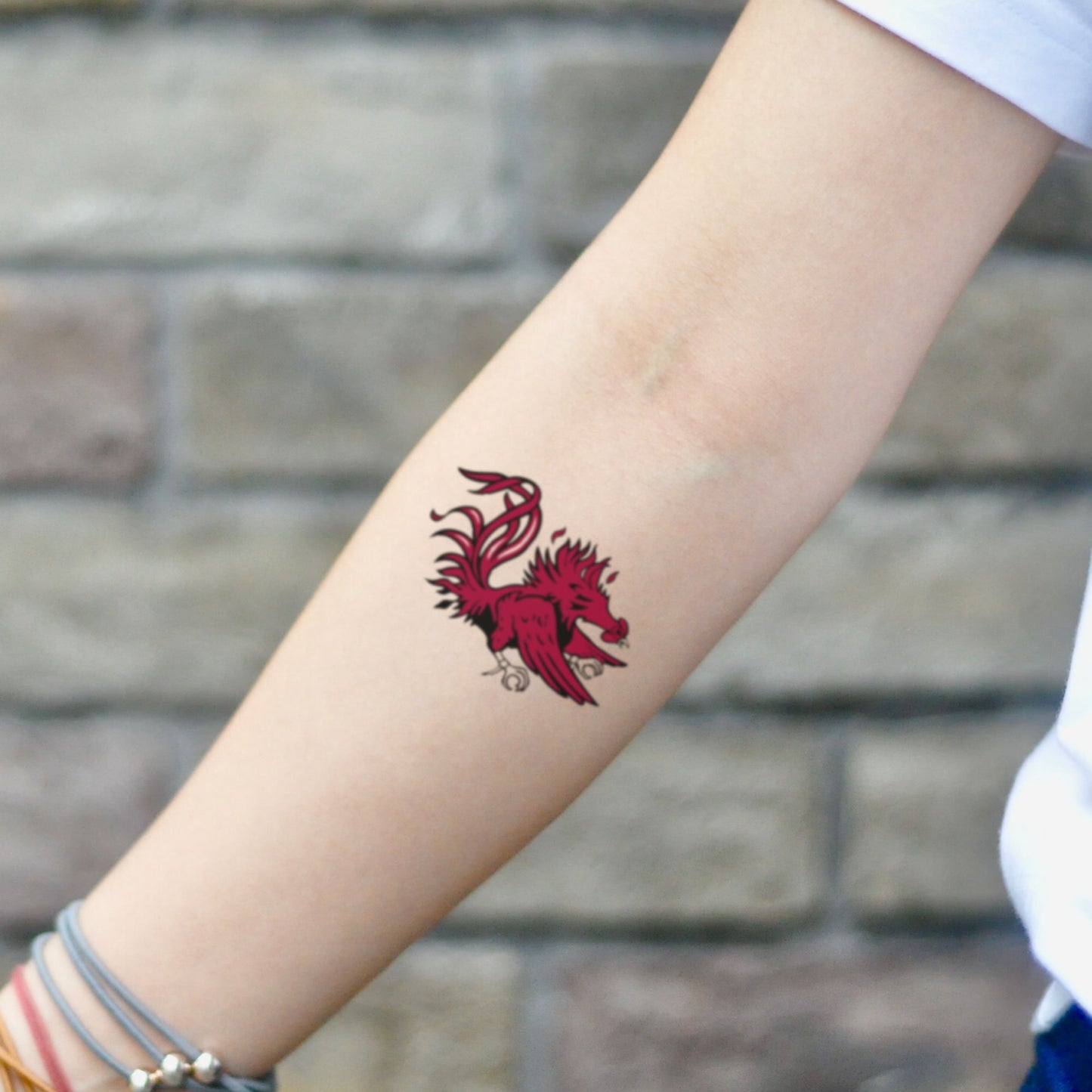fake small usc gamecock spur color temporary tattoo sticker design idea on inner arm