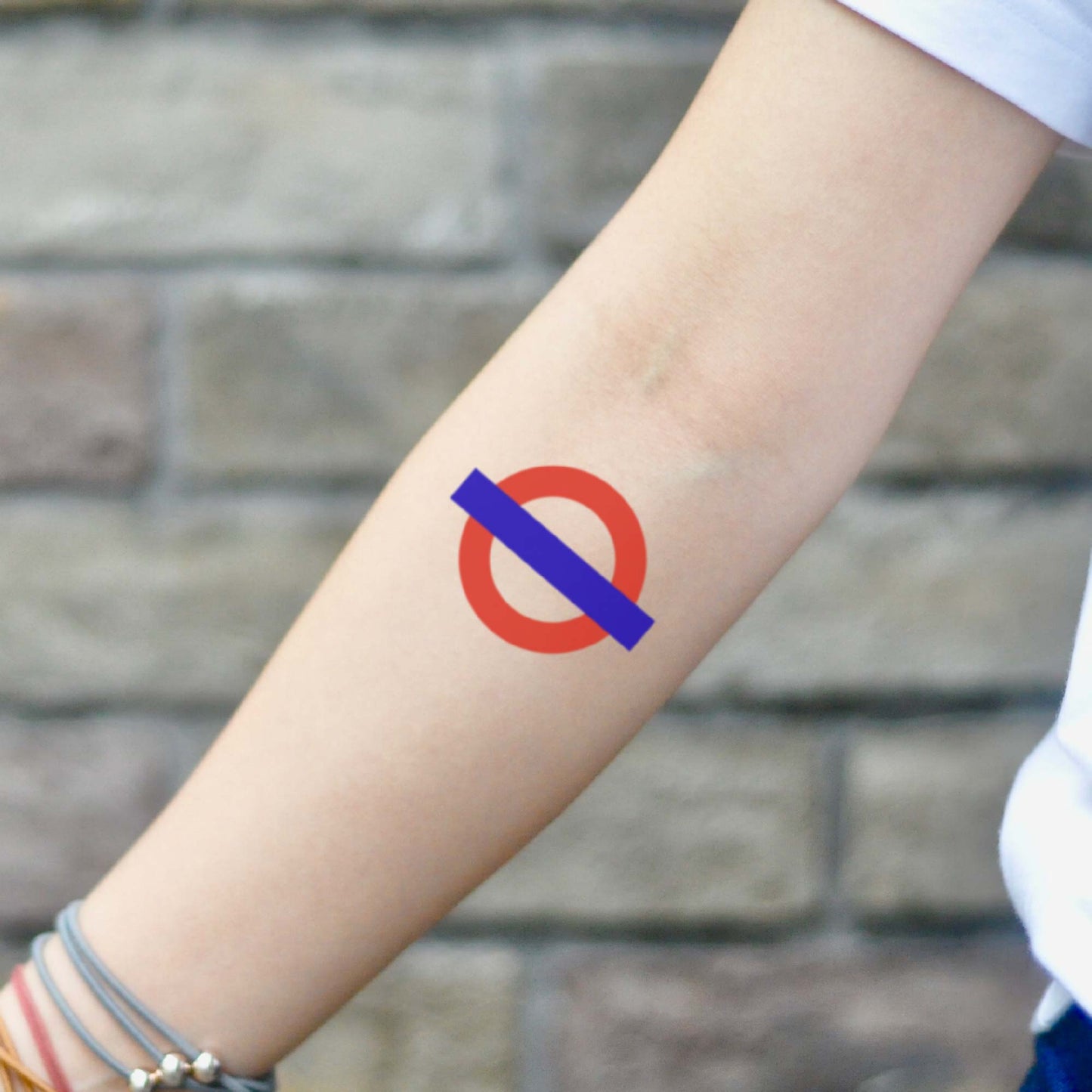 fake small underground train station exit simple sign color blue red temporary tattoo sticker design idea on inner arm forearm
