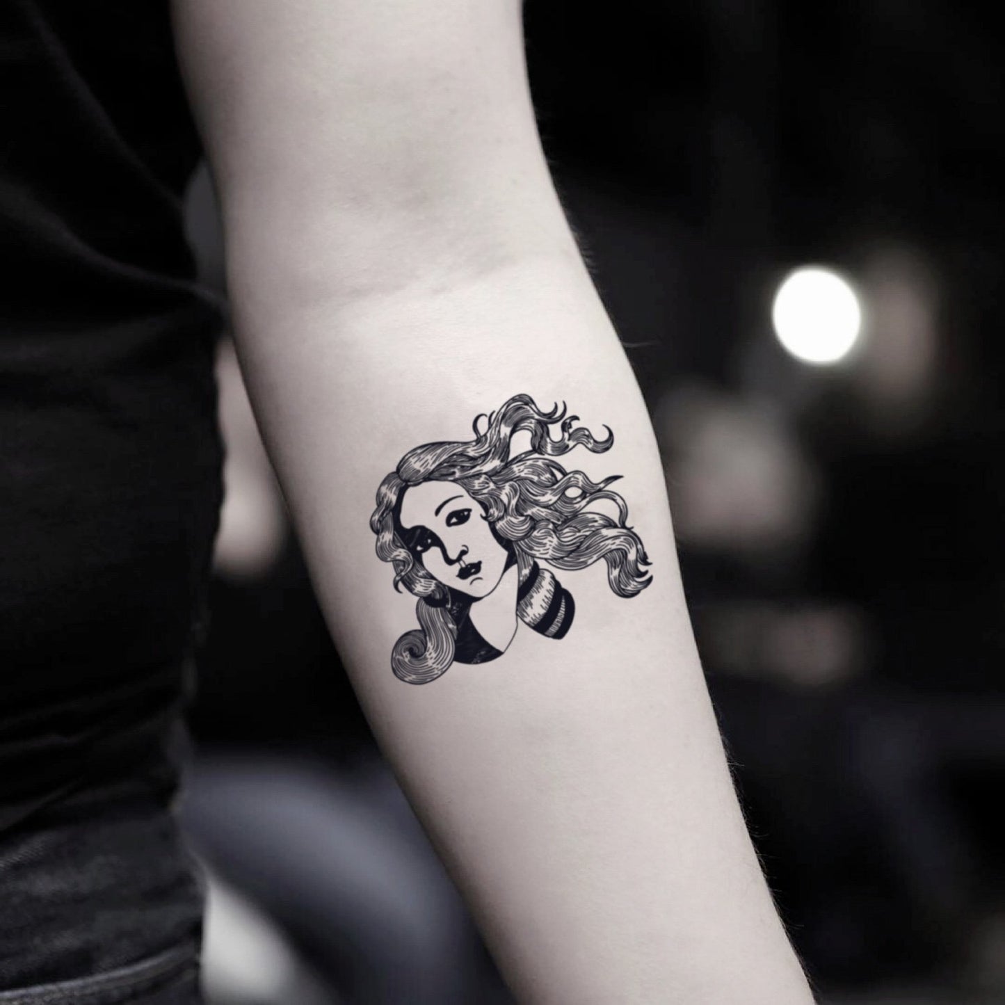 fake small birth of venus goddess freya illustrative temporary tattoo sticker design idea on inner arm