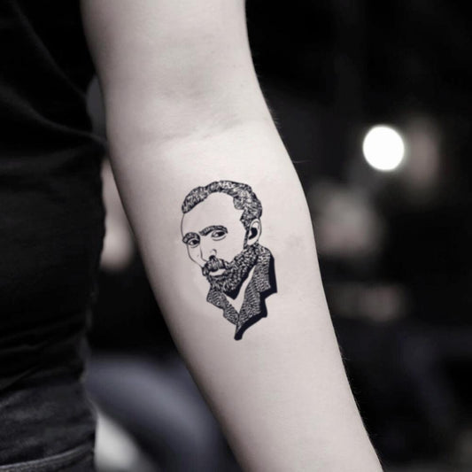 fake small vincent van gogh portrait temporary tattoo sticker design idea on inner arm