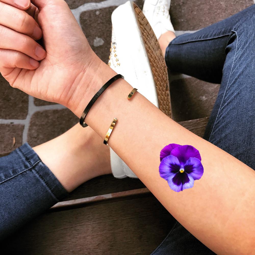 fake small violet pansy purple iris lily orchid flower temporary tattoo sticker design idea on forearm