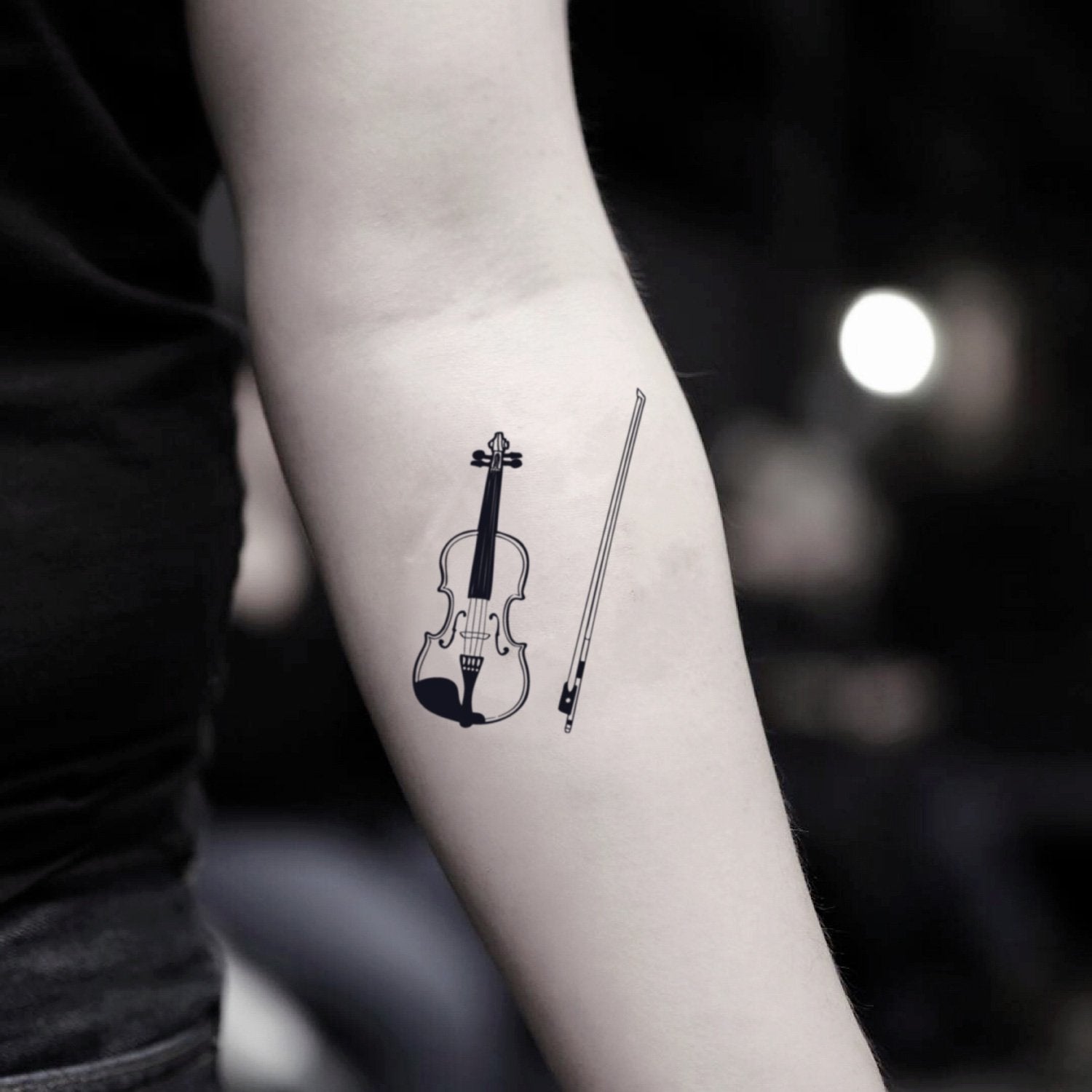 fake small violin double bass music temporary tattoo sticker design idea on inner arm