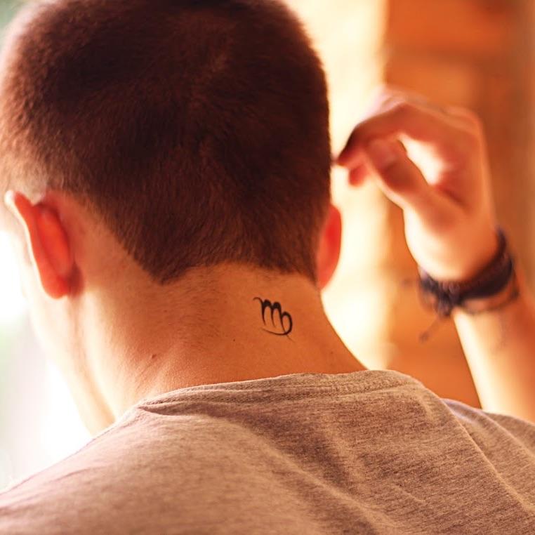 fake small virgo zodiac sign symbol minimalist temporary tattoo sticker design idea on neck