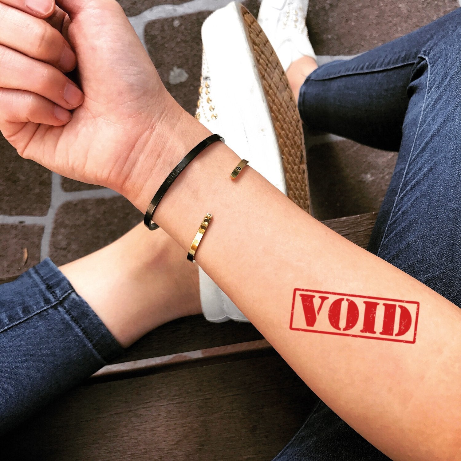 fake small void lettering color temporary tattoo sticker design idea on forearm