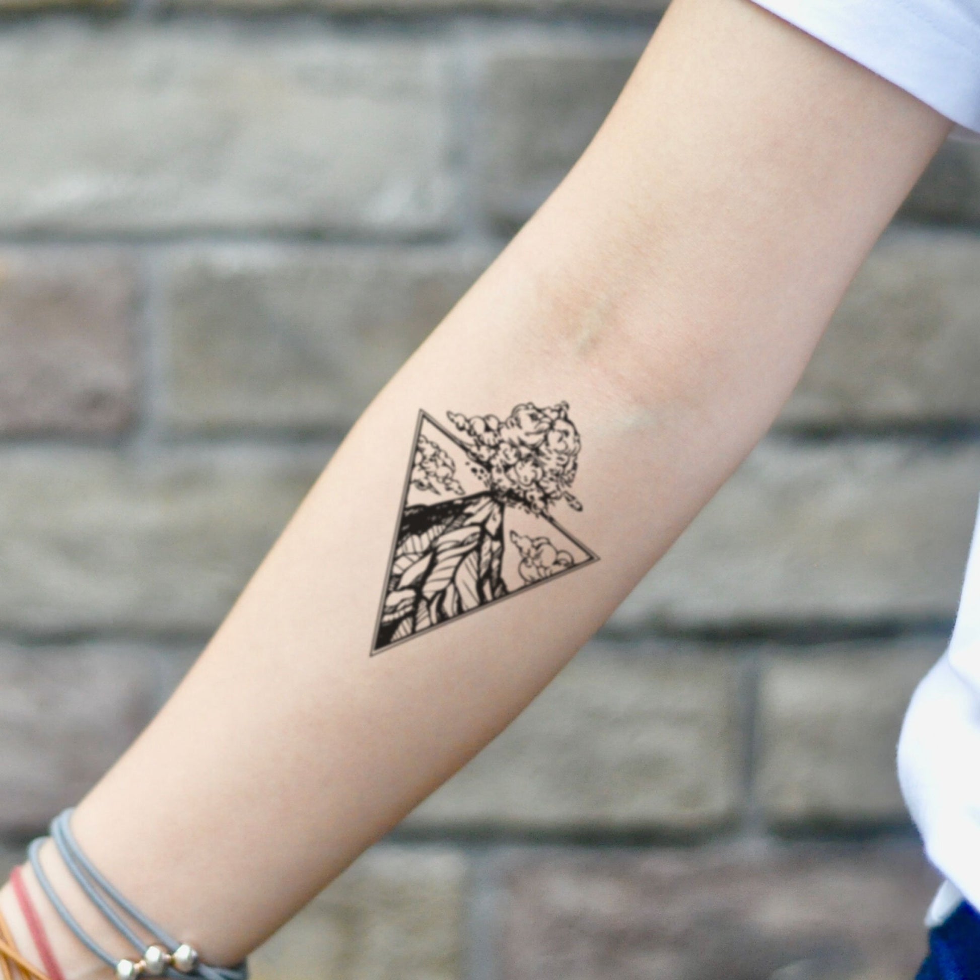 fake small volcano volcanic explosive nature triangle scene temporary tattoo sticker design idea on inner arm