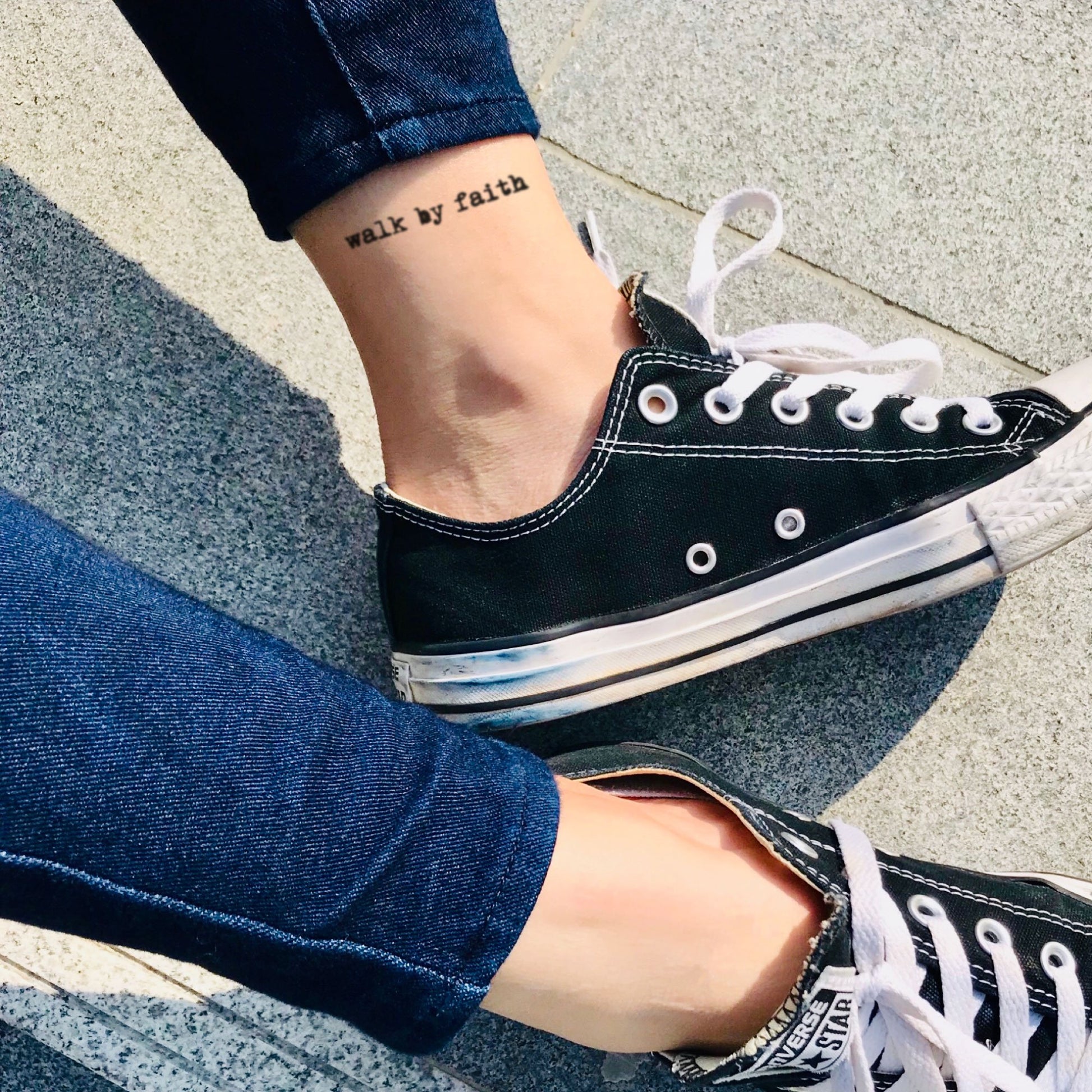 fake small walk by faith foot leg lettering temporary tattoo sticker design idea on ankle