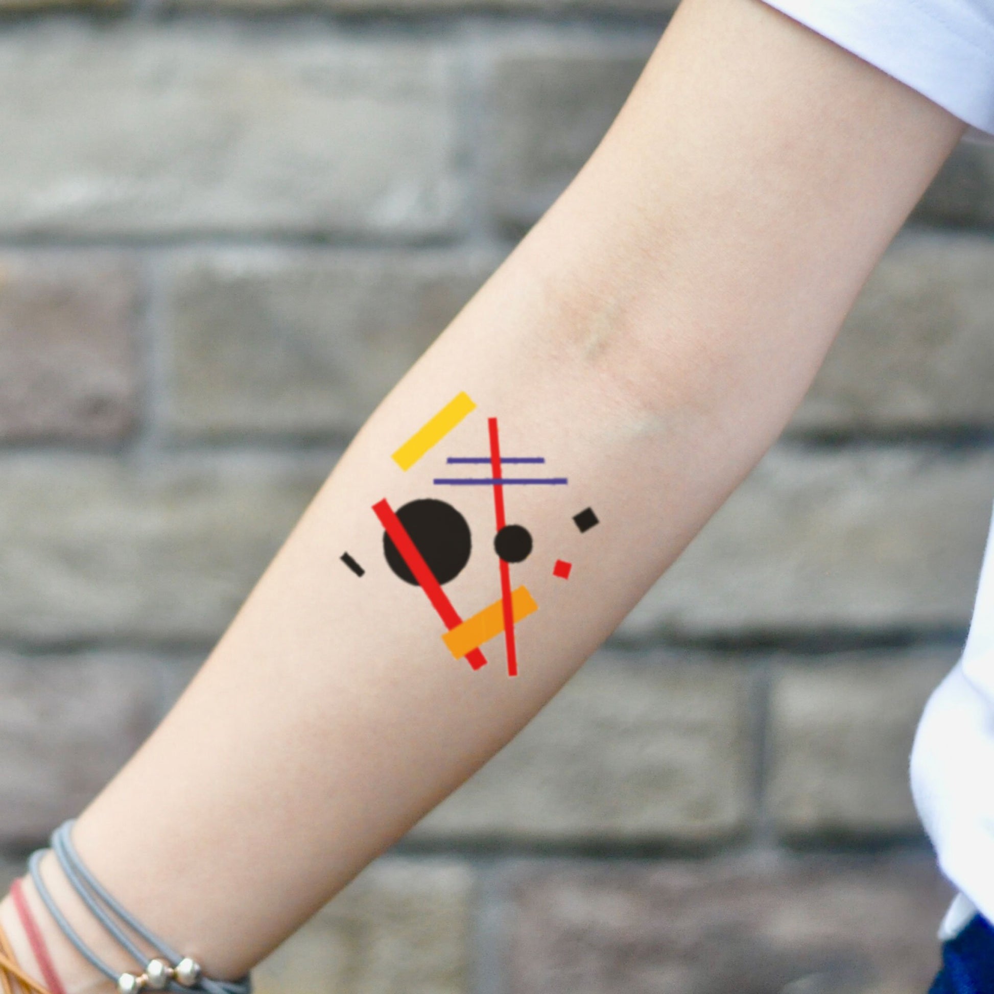 fake small wassily kandinsky abstract geometric technicolor color temporary tattoo sticker design idea on inner arm