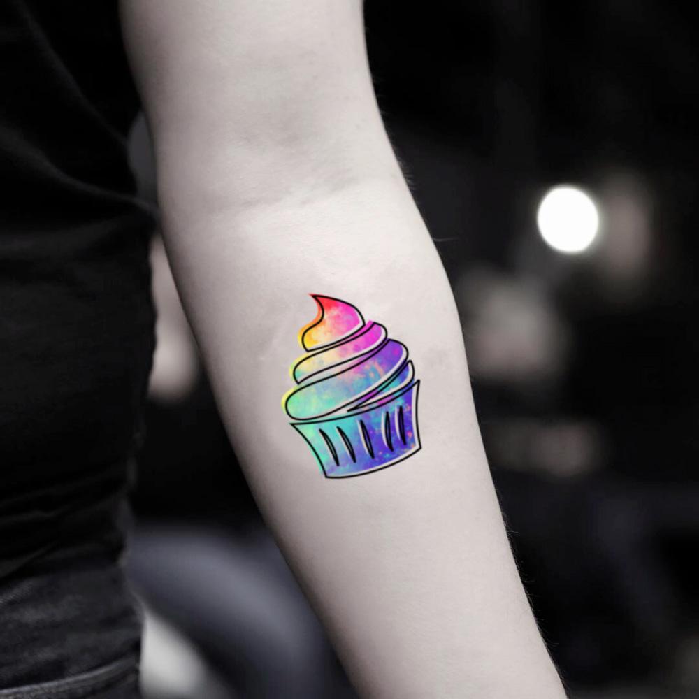 fake small watercolor cupcake food temporary tattoo sticker design idea on inner arm
