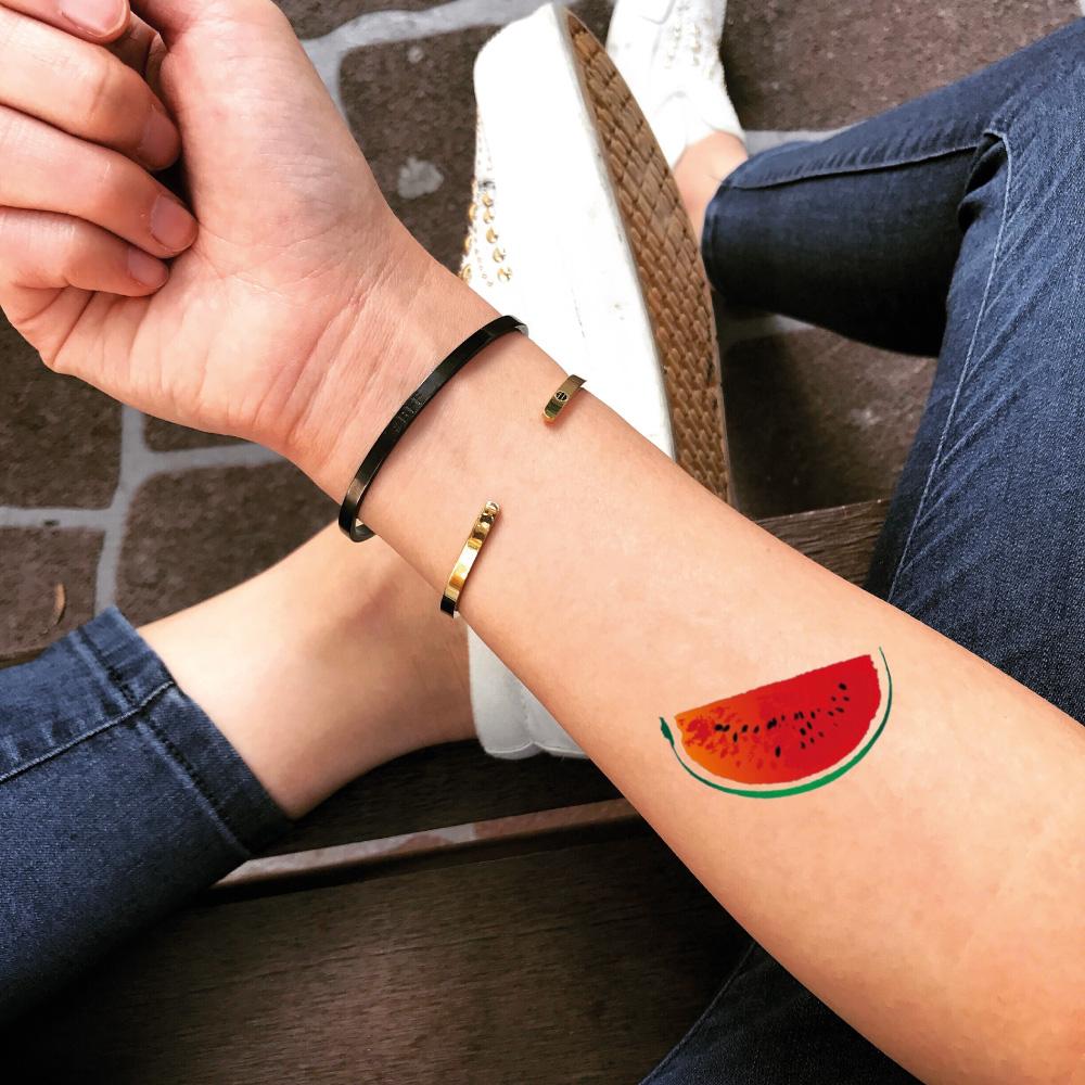 fake small watermelon food color temporary tattoo sticker design idea on forearm
