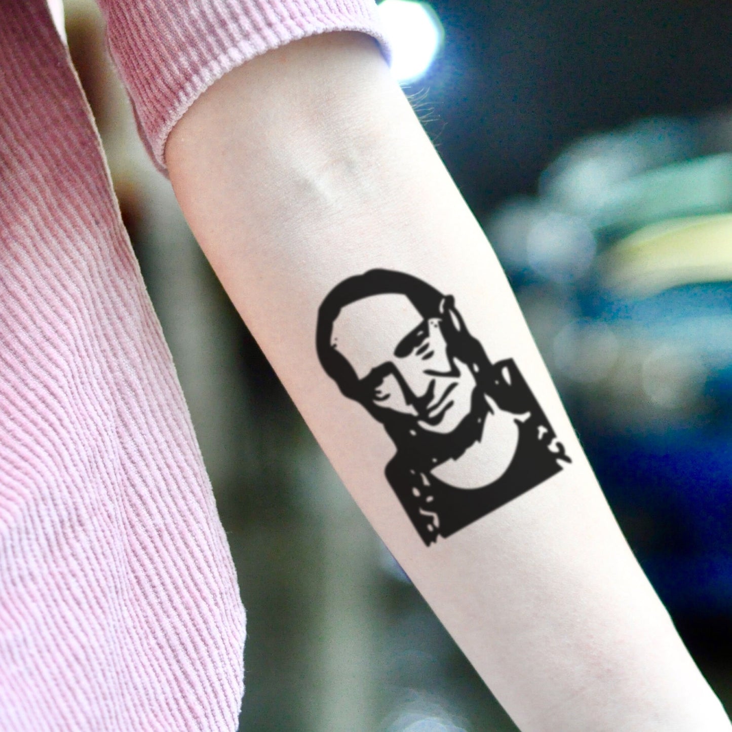 fake small willie nelson portrait temporary tattoo sticker design idea on inner arm