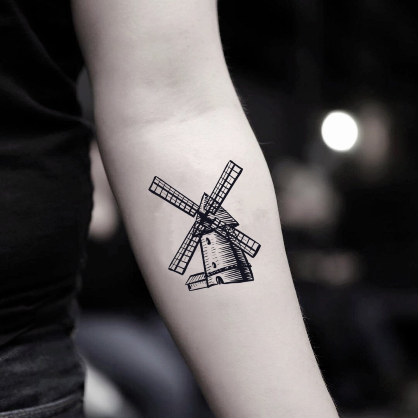 fake small dutch windmill moulin rouge illustrative temporary tattoo sticker design idea on inner arm
