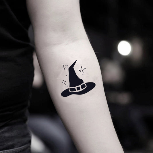 fake small witch magic sorting hat illustrative temporary tattoo sticker design idea on inner arm