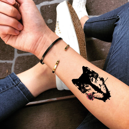 fake small black wolf rose animal temporary tattoo sticker design idea on forearm